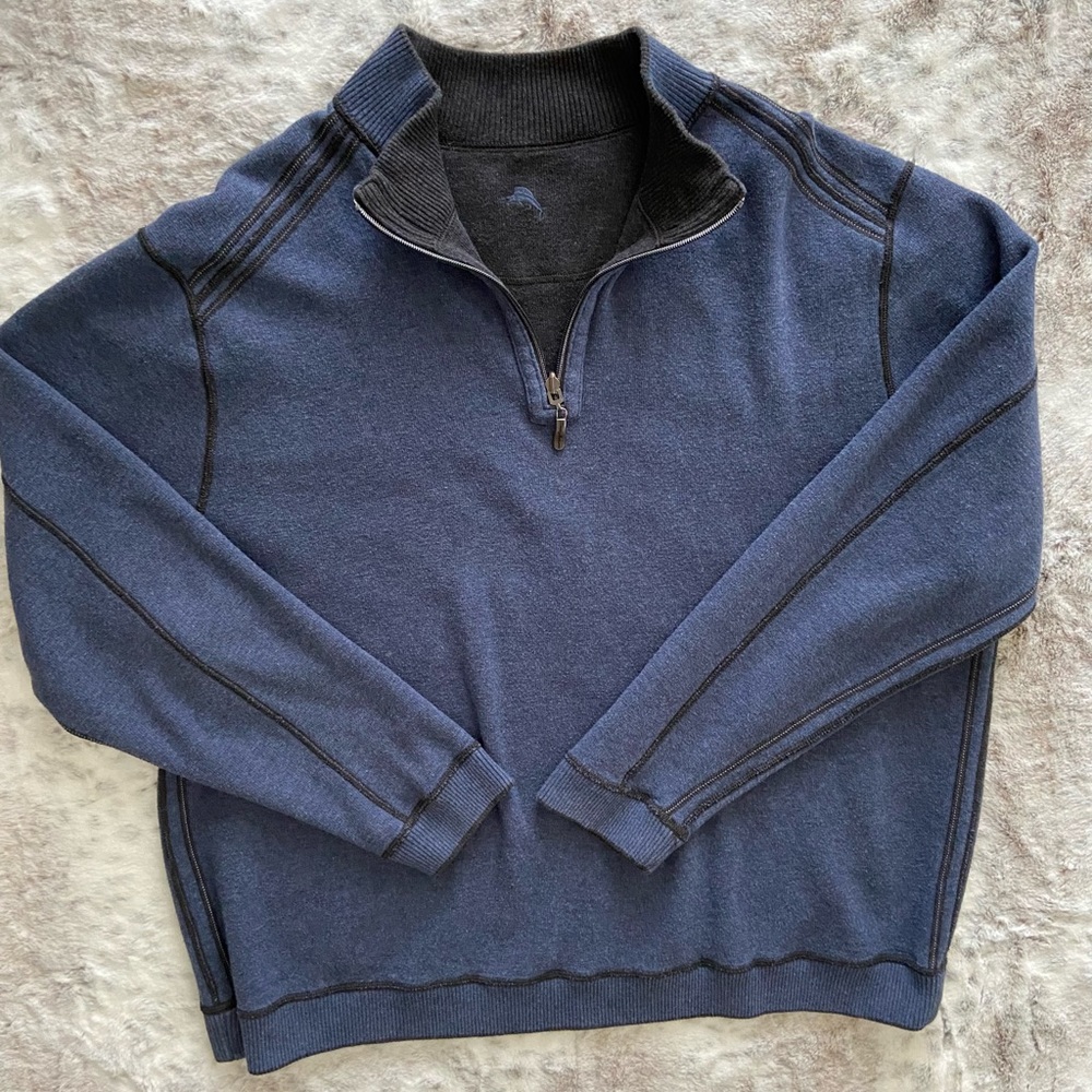 Reversible Tommy Bahama sweater 88, crew neck, dark blue dark gray 3/4zip XL